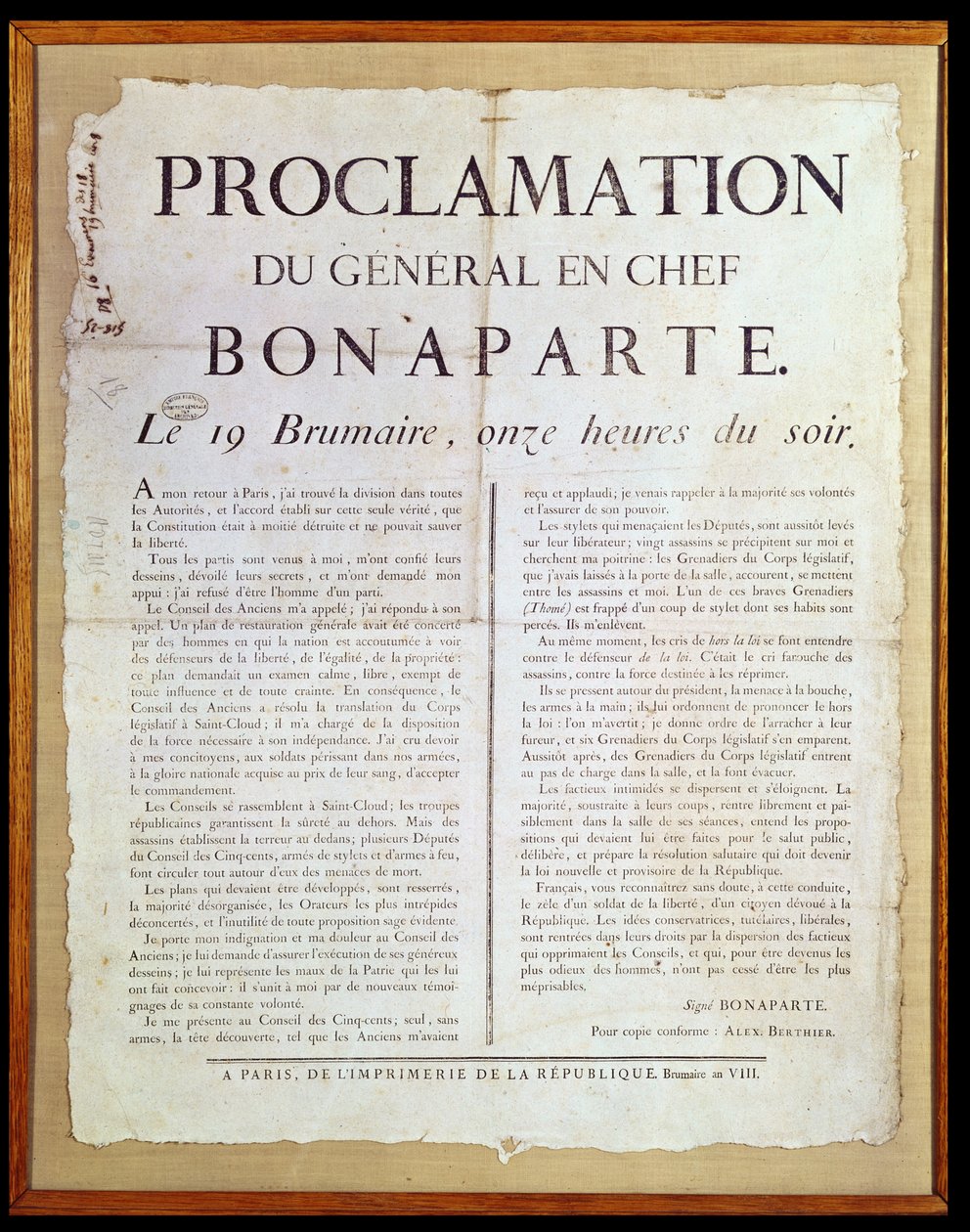 Proklamation af Napoleon I (1769-1821) 19 Brumaire An 8 (10. november 1799) af French School