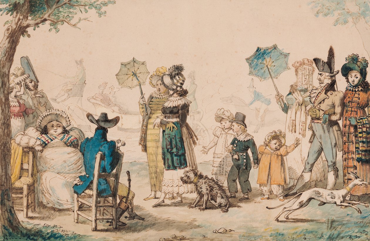 Promenade på Champs-Elysees, 1811 (pen og blæk og akvarel på papir) af French School