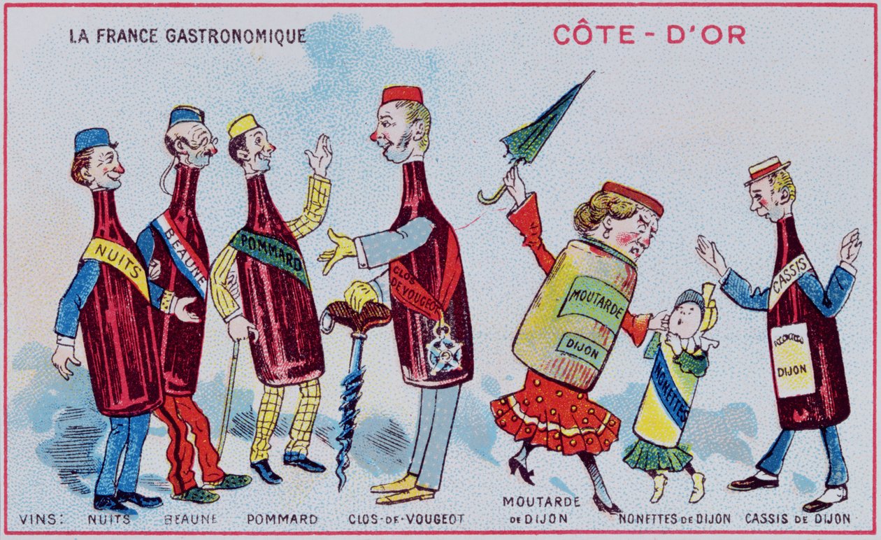 Salgsfremmende og uddannelseskort til børn, der viser madspecialiteter fra Cote-DOr-regionen, ca. 1910 af French School