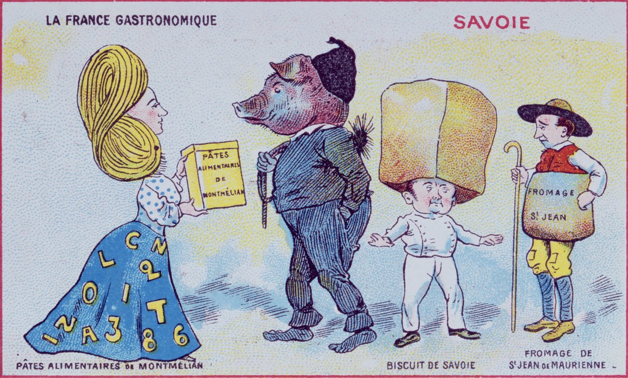 Salgsfremmende og uddannelseskort til børn, der viser madspecialiteter fra Savoie-regionen, ca. 1910 af French School