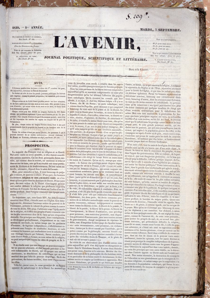 Prospekt, der reklamerer for den kommende udgivelse af Journal LAvenir, 7. september, 1830 (trykt papir) af French School