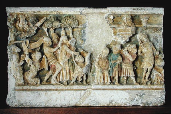 Relief, der viser scener fra Kristi lidenskab: Arrestationen og flagelleringen af French School