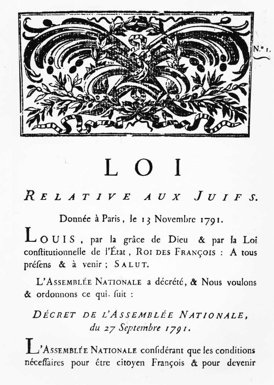 Kongelig dekret om frigørelse for alle jøder i Frankrig, ved dekret fra nationalforsamlingen, 27. september 1791 (faksimile) (se også 695056) af French School