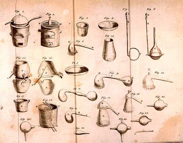 Videnskabeligt udstyr, fra The Elements of Chemistry af Antoine Laurent de Lavoisier (1743-94) indgraveret af D.Lizars, 1796 af French School