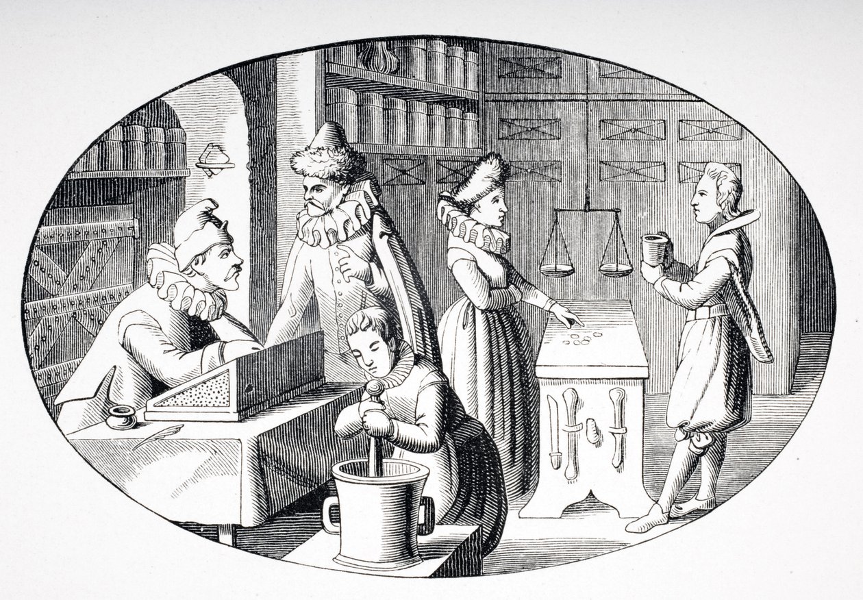 En købmand og apoteker i det 17. århundrede, fra "Le Moyen Age et La Renaissance" af Paul Lacroix (1806-84), udgivet i 1847 af French School