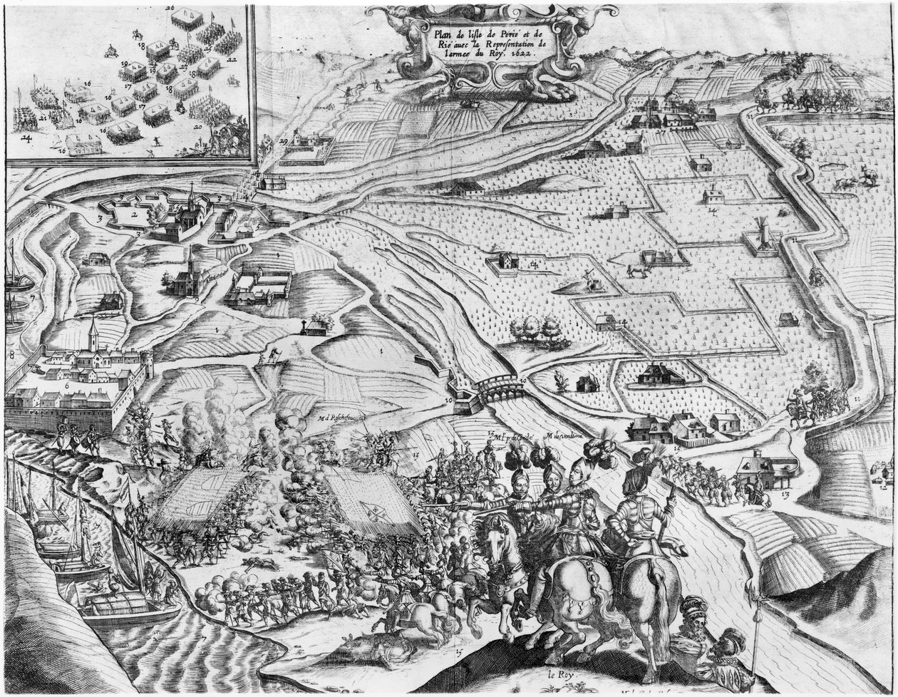 Belejring af Ile de Re med repræsentation af den kongelige hær, 1622 af French School
