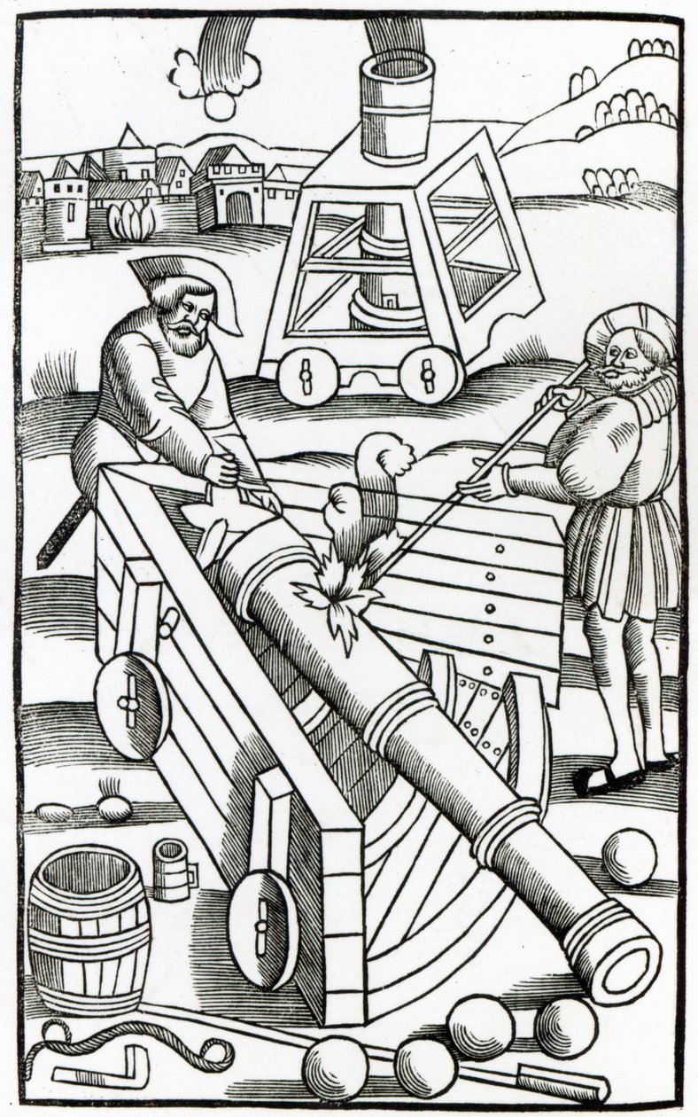 Soldater, der affyrer en kanon, illustration til "De re Militari" af Publius Flavius Vegetius Renatus (fl.390), trykt af Christian Wechel, Paris, 1532 af French School
