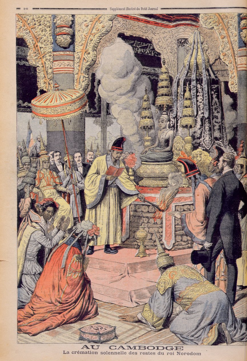 Højtidelig ligbrænding af kong Norodom I (1835-1904) konge af Cambodia, illustration fra 