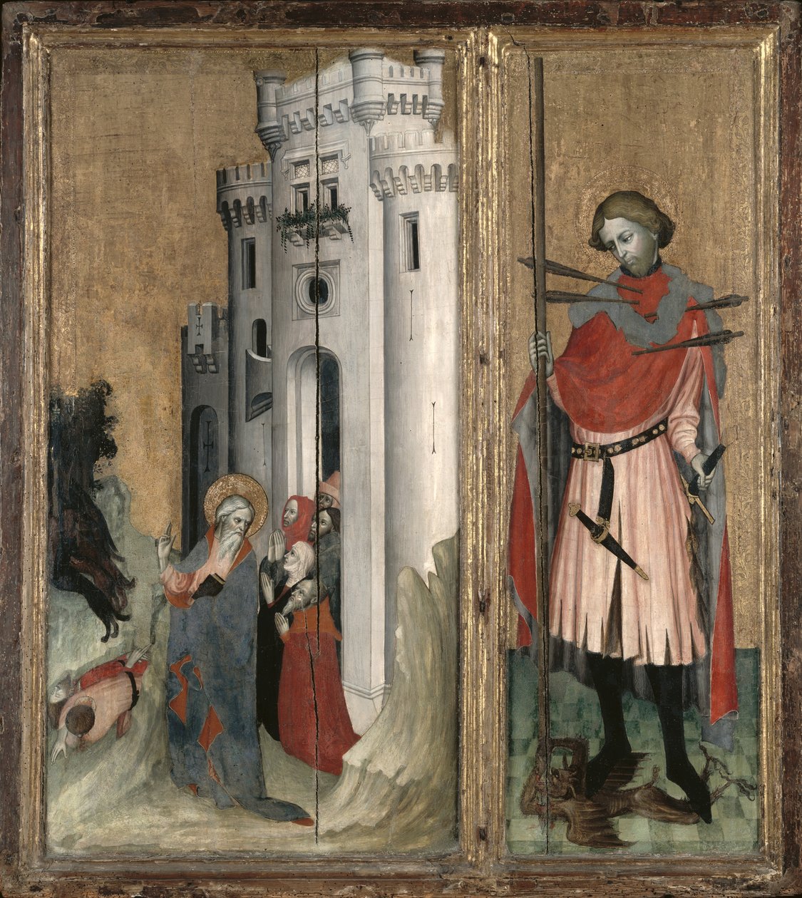 St. Andrew Chasing Demons fra byen Nicaea og St. Sebastian, højre panel på Thouzon altertavlen, School of Provence (tempera på panel) af French School