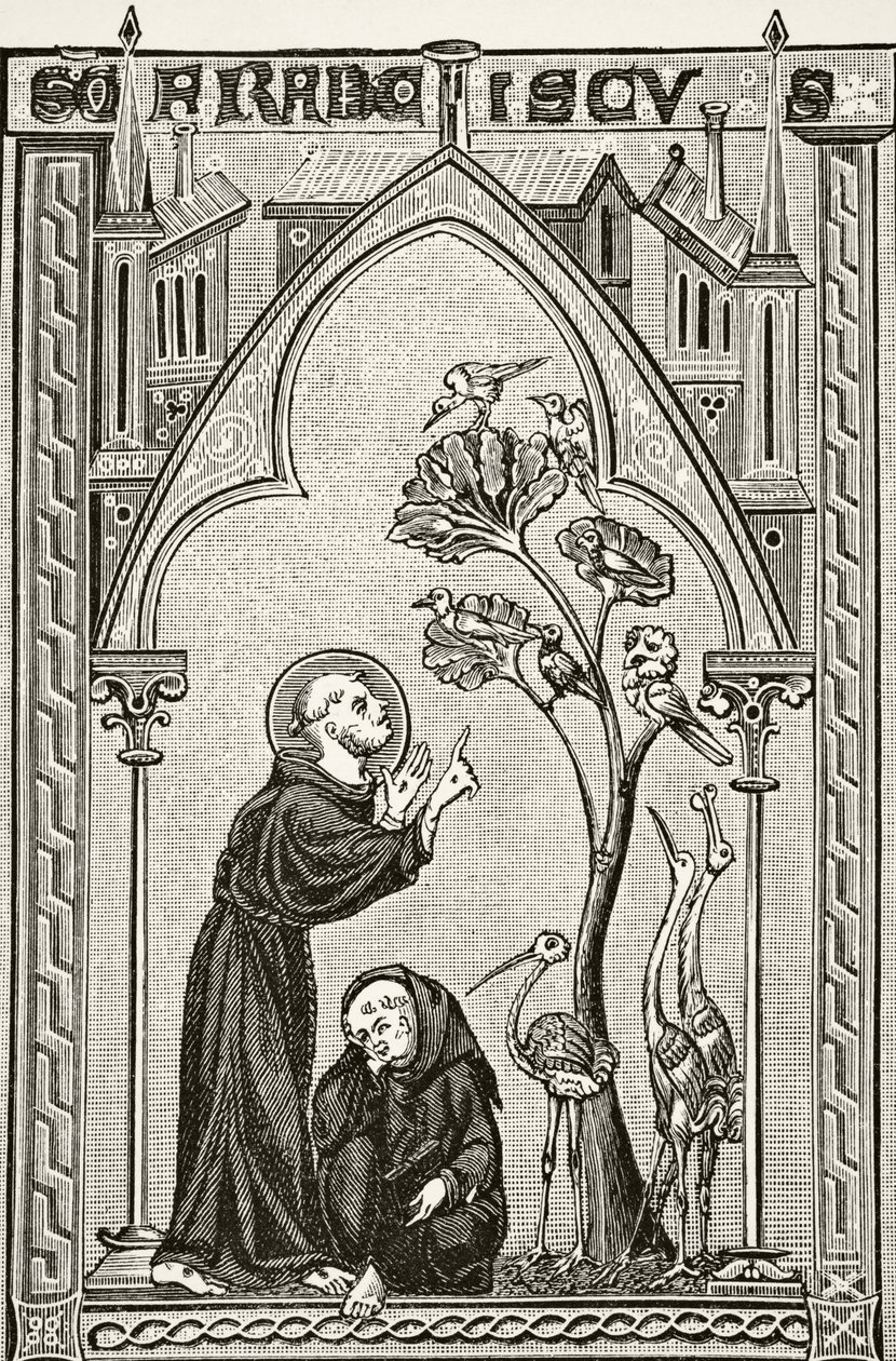Frans af Assisi taler til fuglene, fra "Science and Literature in the Middle Ages" af Paul Lacroix (1806-84), udgivet i London 1878 af French School