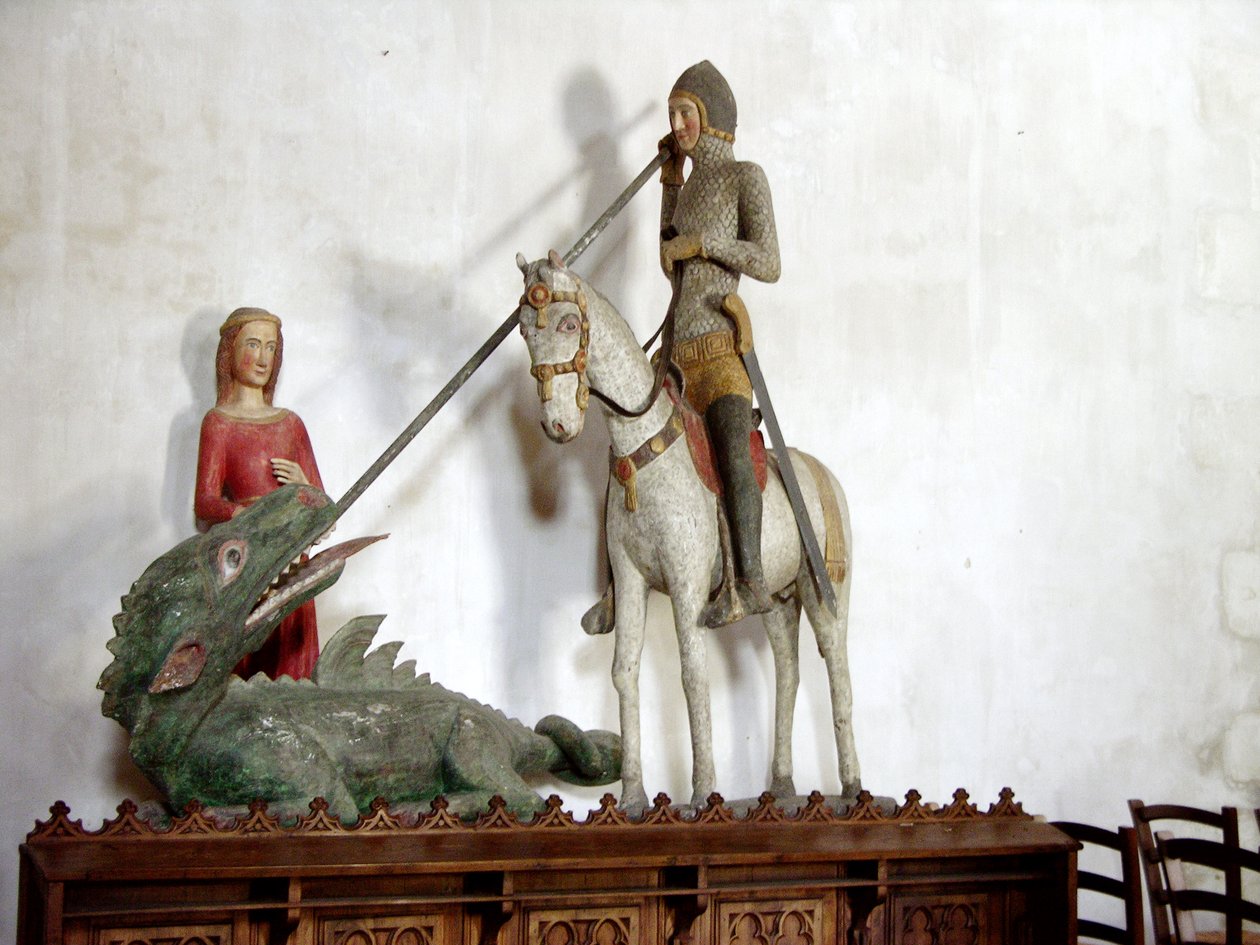St. George og dragen (polykromt træ) af French School