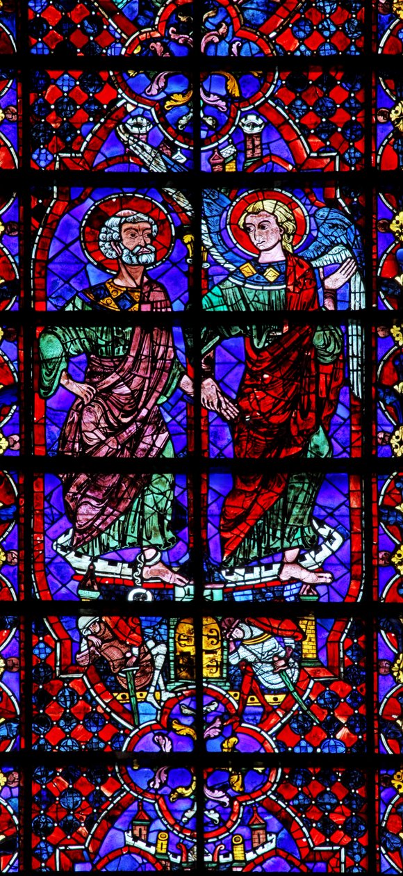 Sankt Peter - ført ud af fængslet af en engel (w105) (farvet glas) af French School