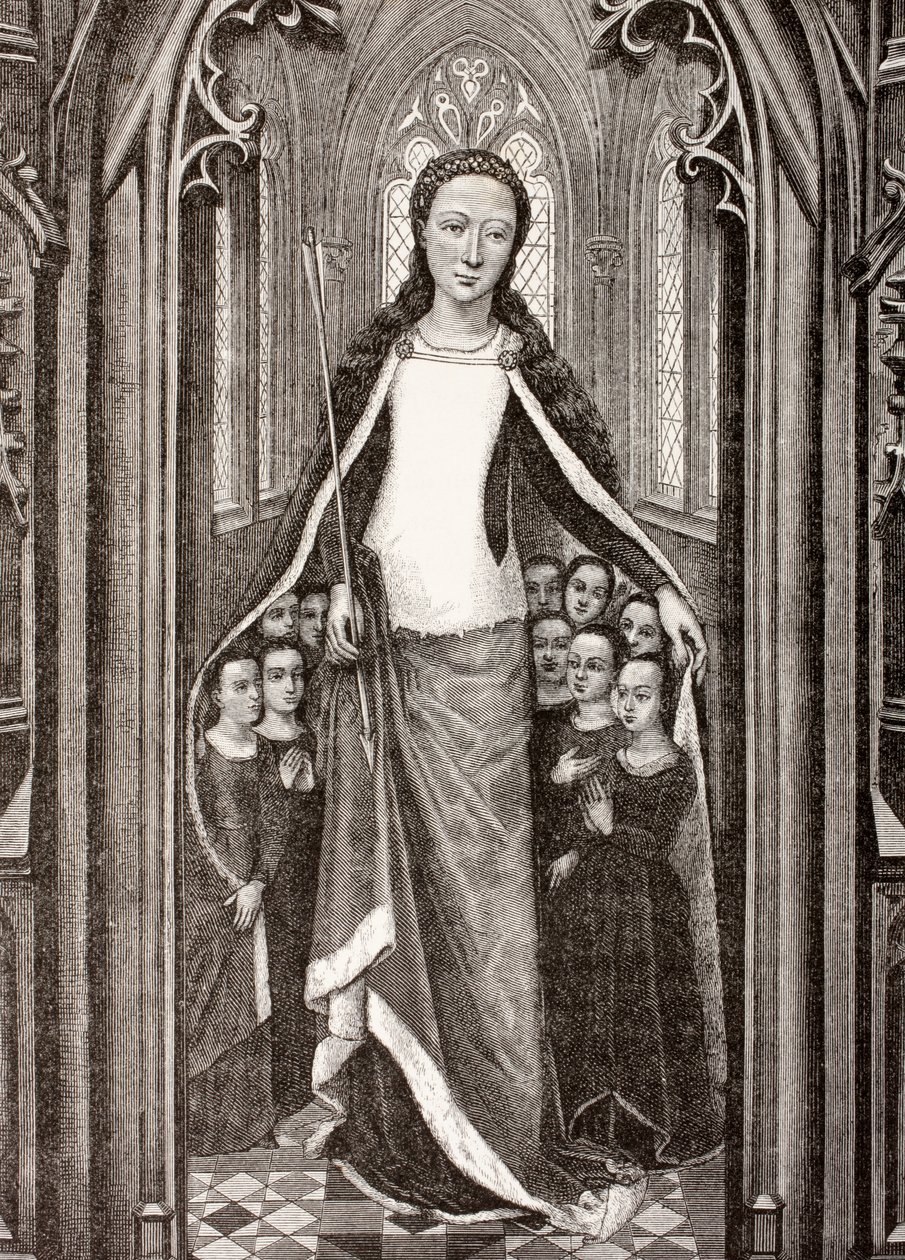 St. Ursula holder en pil, symbolet på hendes martyrium, og beskytter jomfruer under sin kappe, fra 