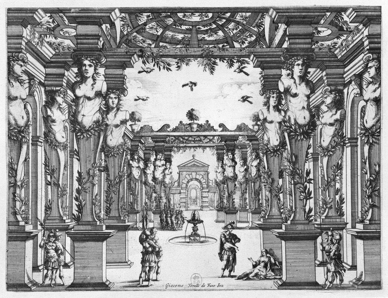 Scenografi af Giacomo Torelli (1608-78) til "Mirame", opført i 1641 på Theatre Petit Bourbon i Paris af French School