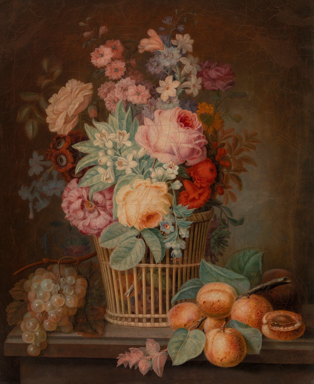 Stilleben med blomster i en kurv af French School