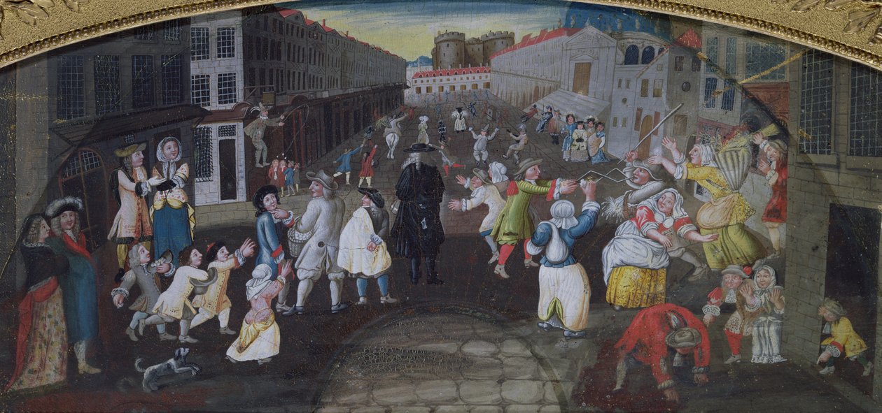 Street Performers ved Carnival Populaire, Rue Saint Antoine, ca. 1670 af French School