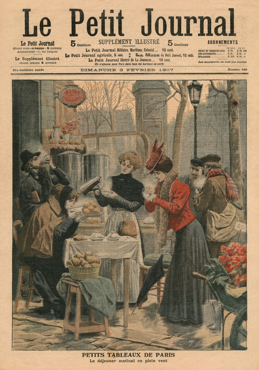 Gadescener i Paris, morgenmad i det fri, illustration fra "Le Petit Journal", supplement illustre, 3. februar 1907 af French School
