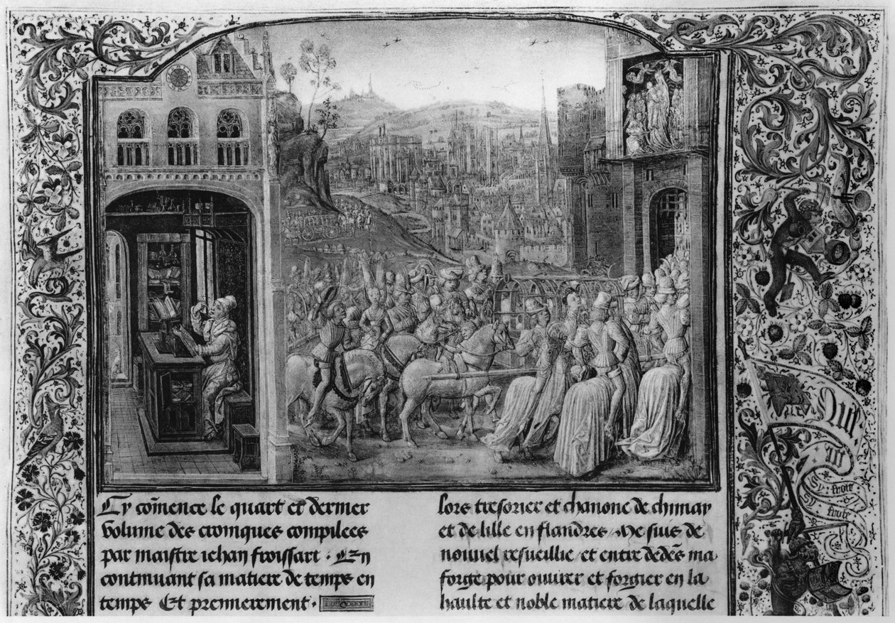 T.4 fol.1 L: Froissart skriver sin krønike, R: Isabella af Bayern (1371-1435) på vej ind i Paris i 1389, fra Froissarts krønike, 1472 af French School