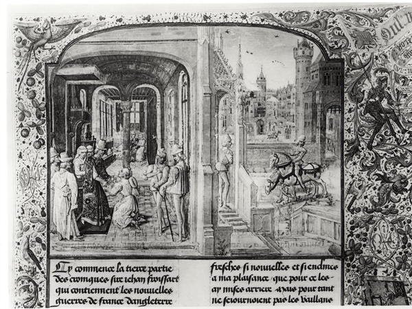 T.III fol.1 Froissart modtaget i Orthez af grev Gaston de Foix, til hvem han giver brevet fra Guy de Blois, fra Froissarts Chronicle af French School