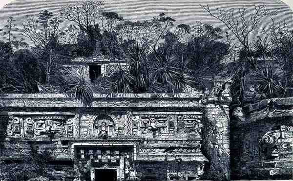 Tempelbygning øst for nonneklosteret i Chichen Itza, fra The Ancient Cities of the New World, af Claude-Joseph-Desire Charnay, pub. 1887 af French School