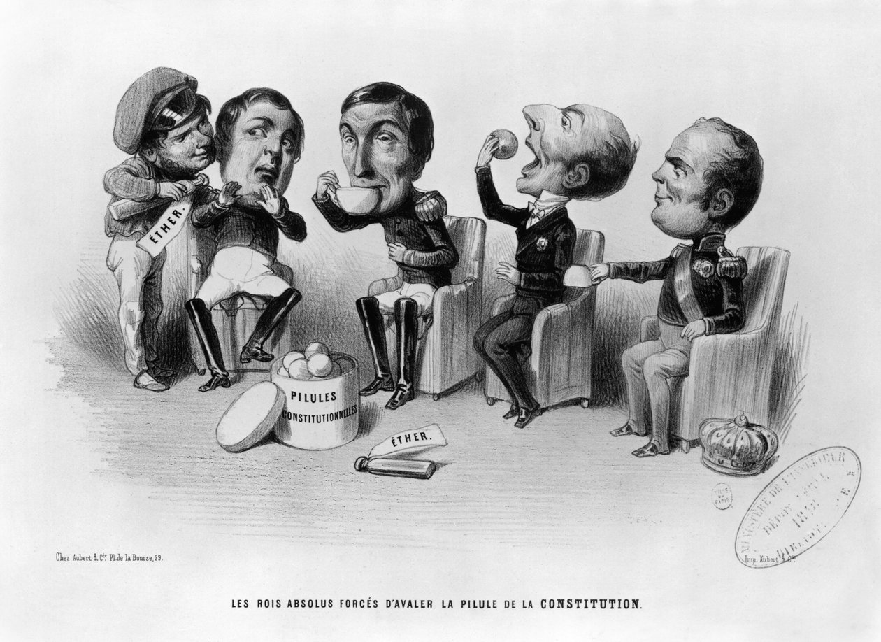 De absolutte konger tvunget til at sluge forfatningens pille, 1848 af French School