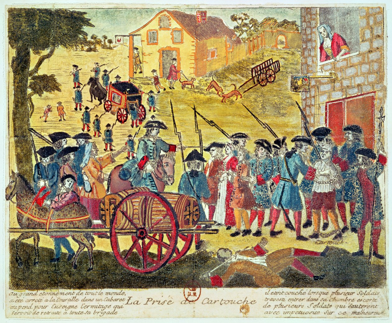 Anholdelsen af Louis Dominique Cartouche (1693-1721) (gravering og wc på papir) af French School