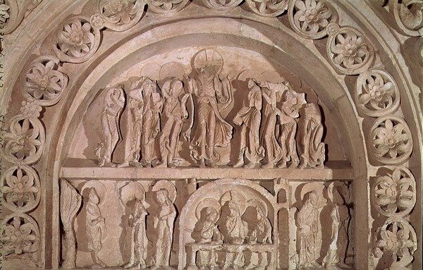 Himmelfarten og nadveren i Emmaus, tympanon på venstre portal, ca. 1150 (kalksten) af French School