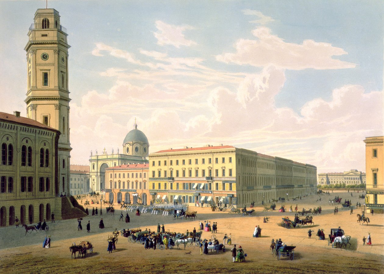 Den katolske kirke og Mikhailovskaya Street i Sankt Petersborg, trykt af J. Jacottet og Regamey, udgivet af Lemercier, Paris, 1850