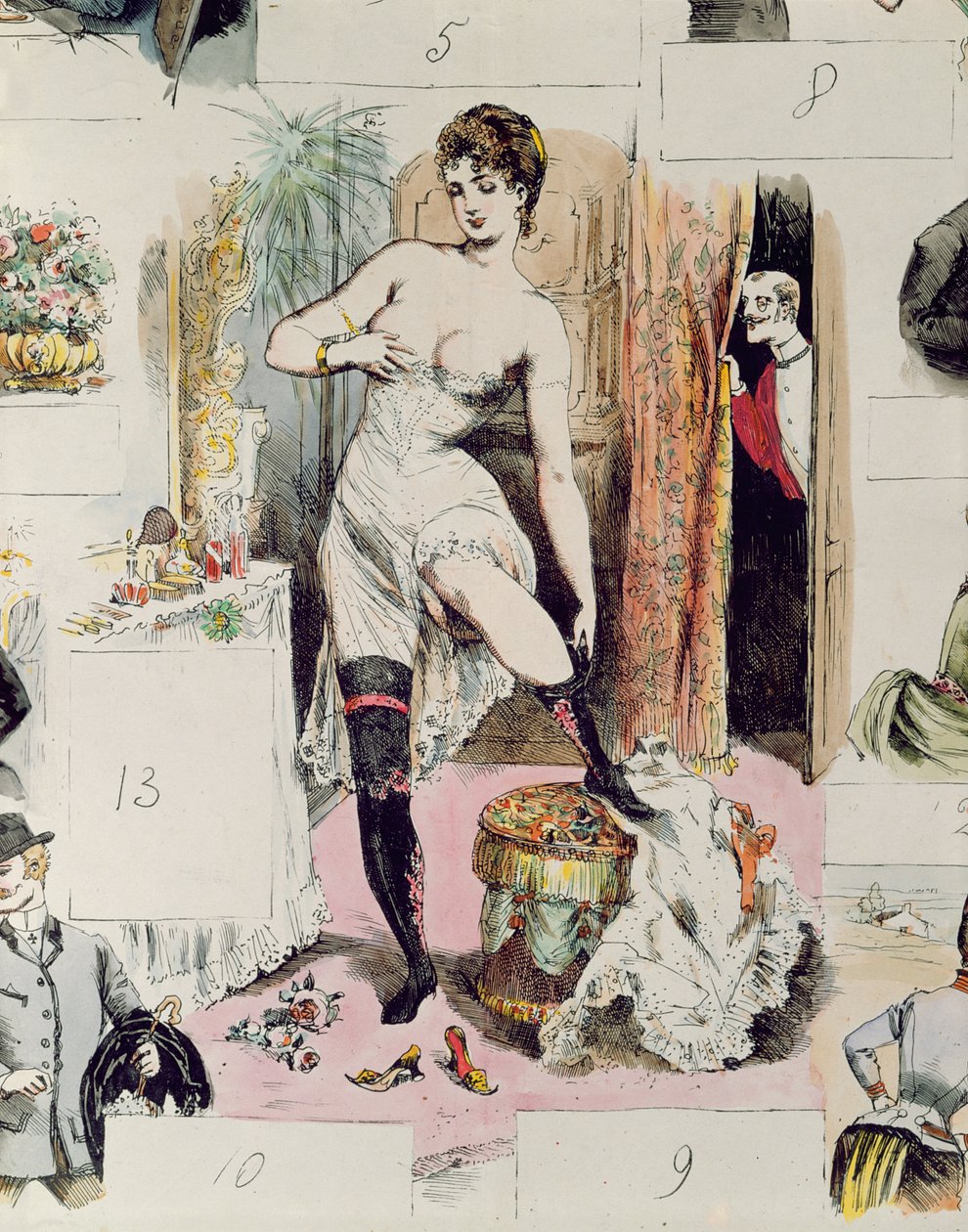 Korsettet, illustration fra La Vie Parisienne, ca. 1875 (farvegravering) af French School