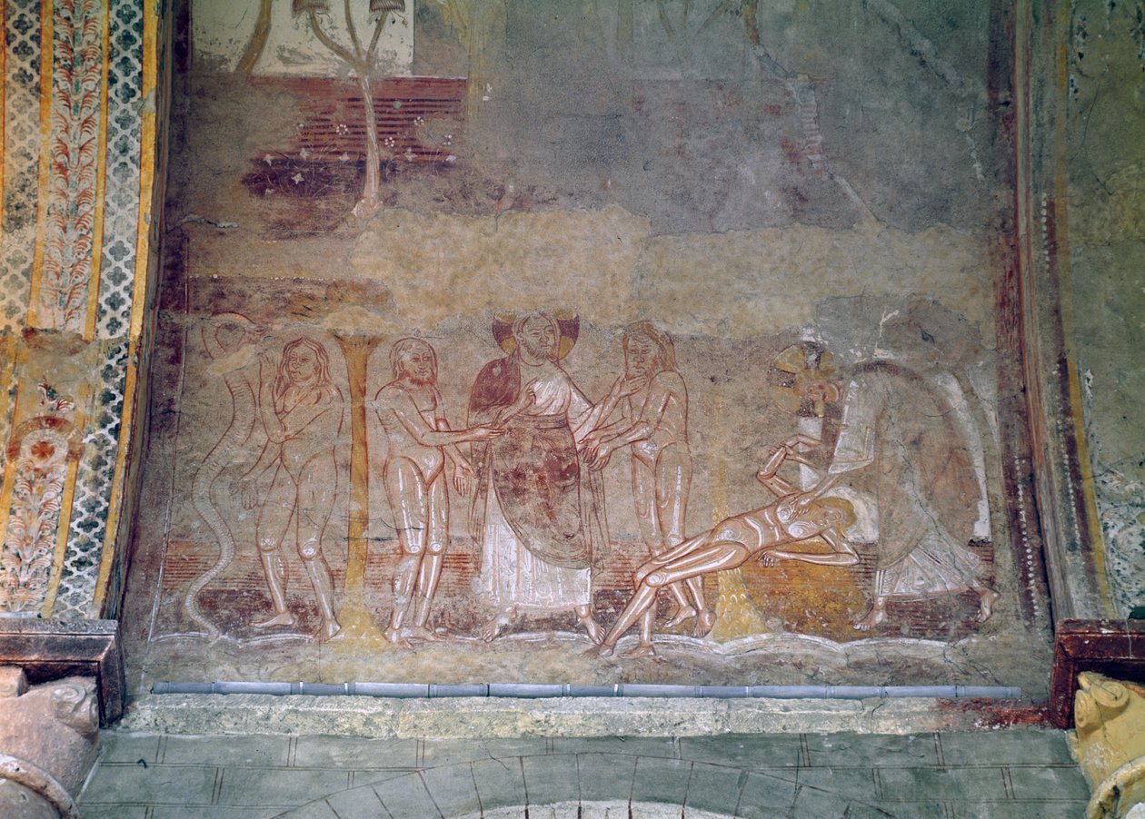 Skabelsen af kvinden og Eva og slangen, detalje fra skibets hvælving, ca. 1100 af French School