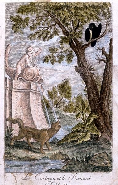 Kragen og ræven, illustration efter fabel af Jean de la Fontaine (1621-95) 1776 af French School