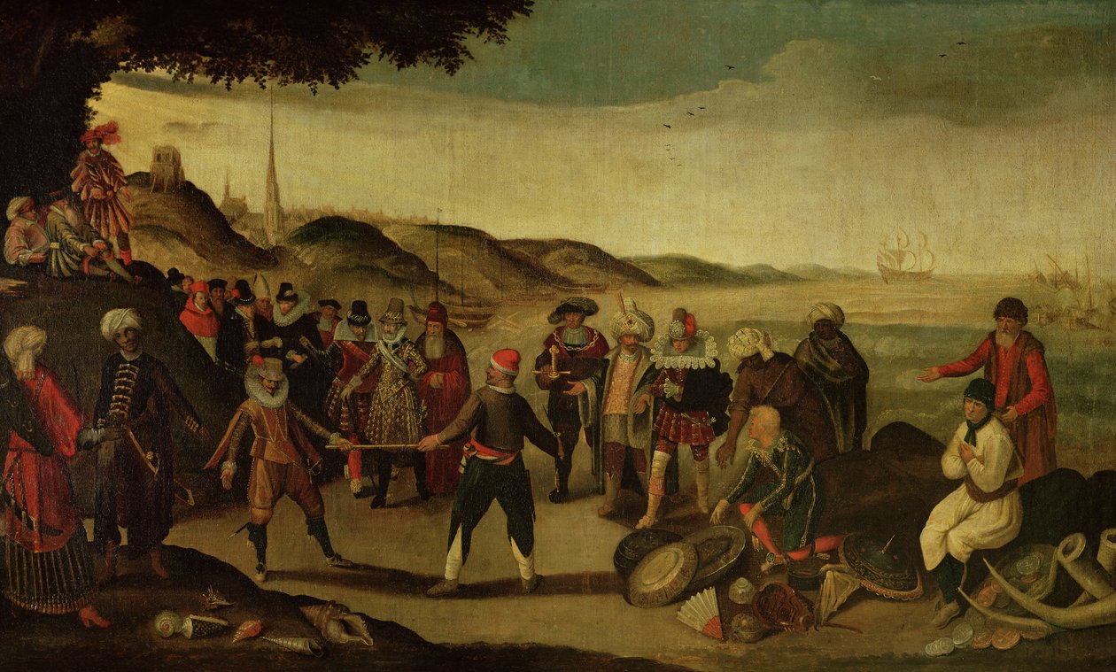 Striden om den gyldne stafet eller striden mellem spanierne og hollænderne om handelen i Indien, 1609 af French School