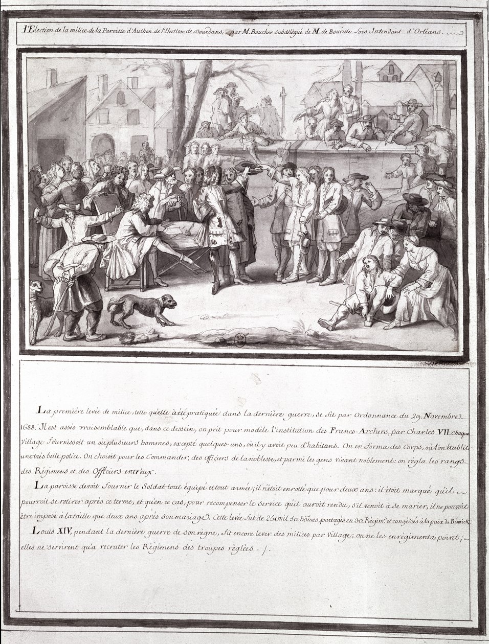 Valget af militsen ved Authon Parish, en del af Dourdans-valget, 1688 af French School