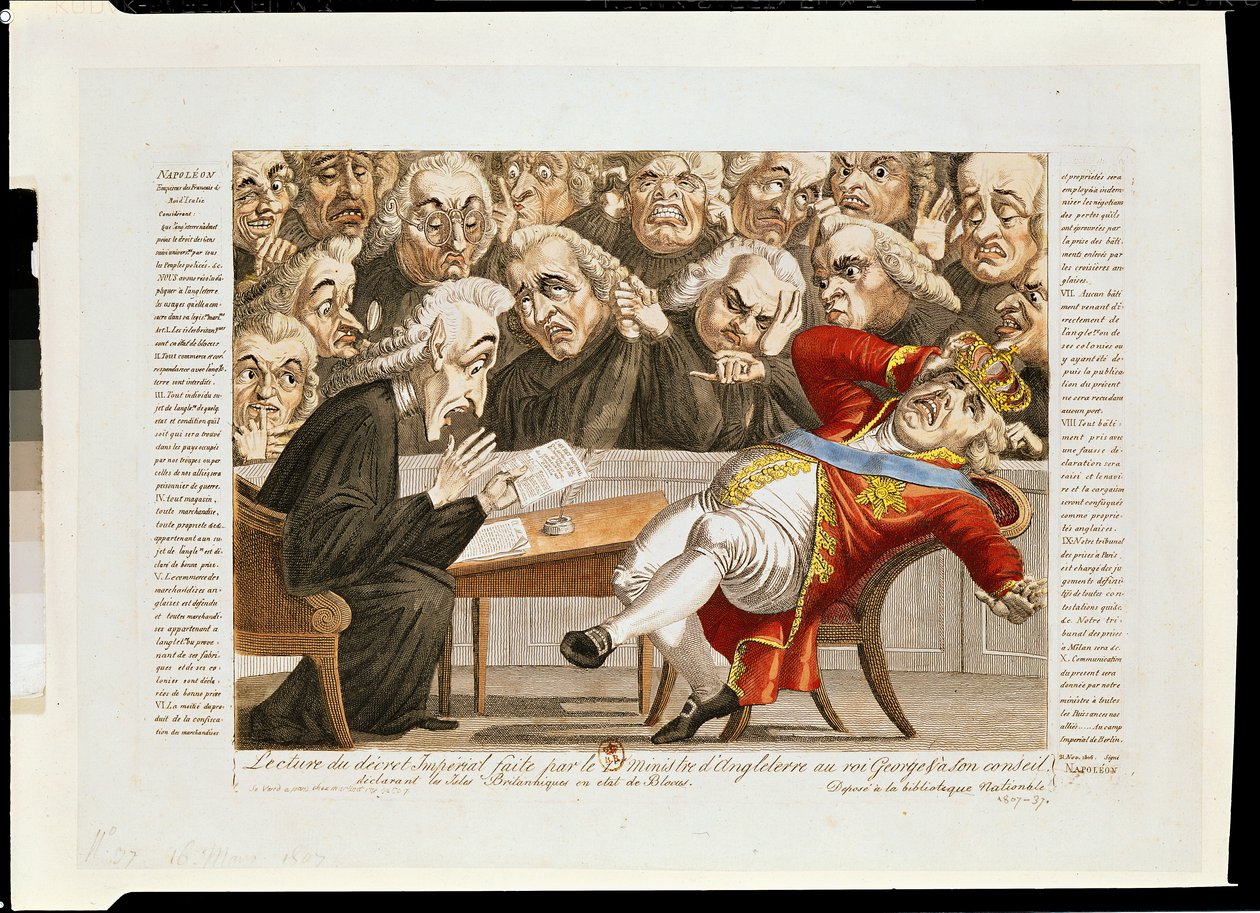Den engelske minister læser det kejserlige dekret til George III (1738-1820) Erklærer, at de britiske øer er underlagt en blokade, 21. november 1807 af French School