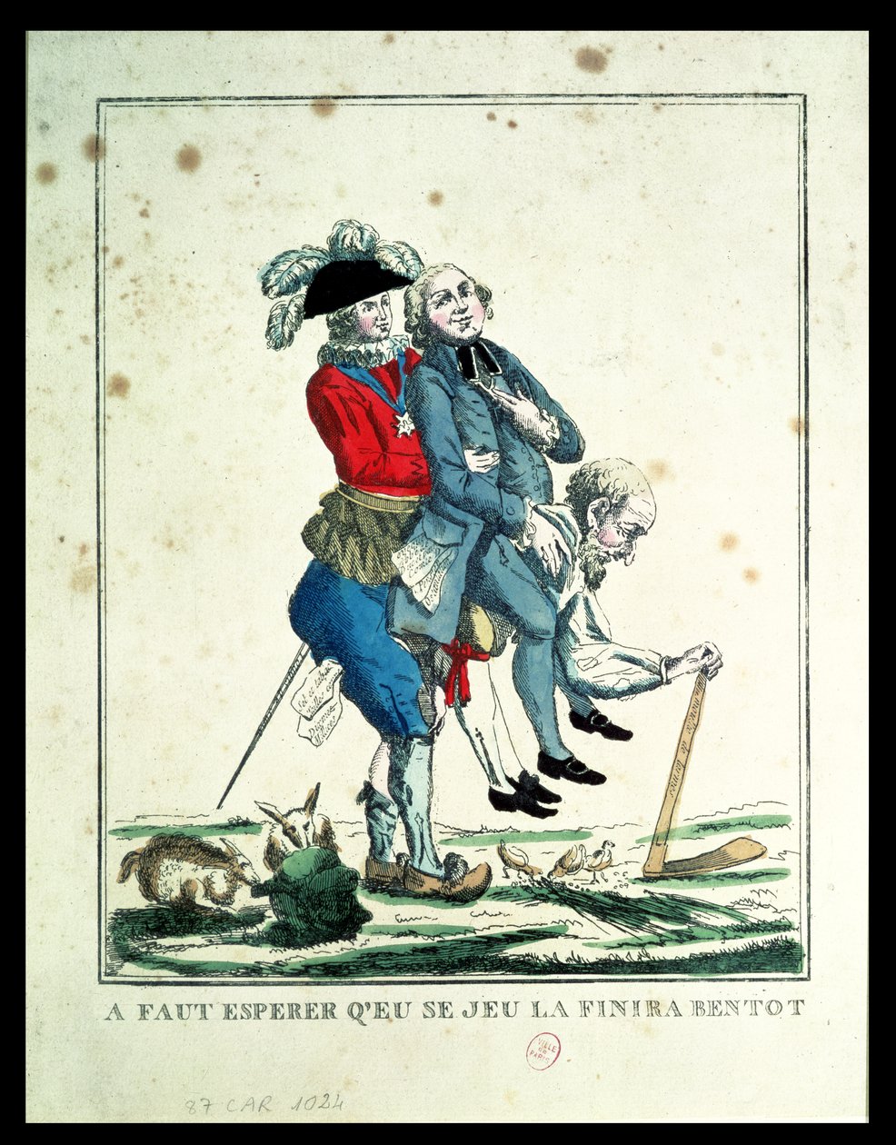 Spillet skal snart slutte, en bonde der bærer en præst og en adelsmand, 1789 (se også 157778) af French School