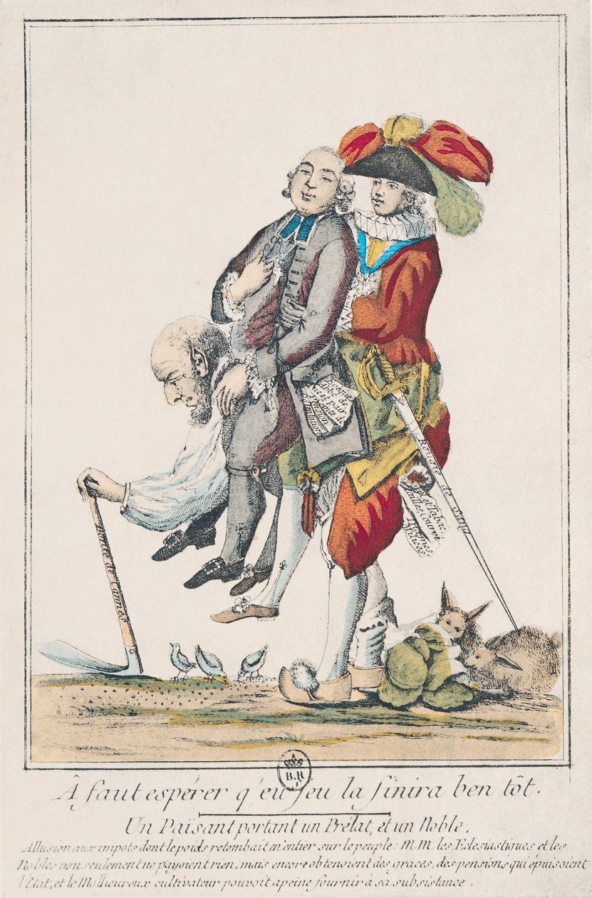 Spillet skal snart slutte, en bonde der bærer en præst og en adelsmand, 1789 (se også 158273) af French School