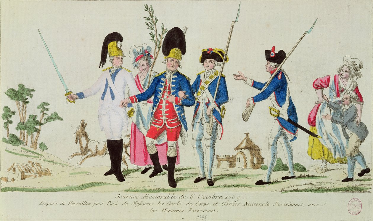Den mindeværdige dag den 6. oktober 1789, der forlod Versailles til Paris: Gardes du Corps, den parisiske nationalgarde og parisiske heltinder af French School