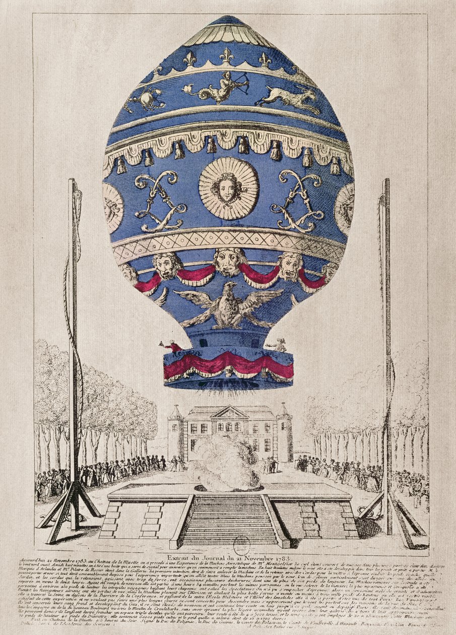 Montgolfier-brødrenes balloneksperiment på Chateau de la Muette, 21. november, 1783 af French School