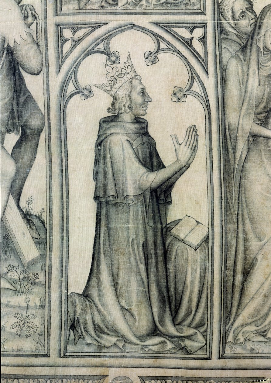 The Parement of Narbonne, detalje af Charles V (1338-80), der beder, ca. 1375 (grisaille på silke) (detalje af 83469) af French School