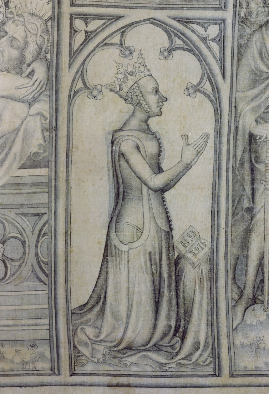 The Parement of Narbonne, detalje af Jeanne de Bourbon (1338-77), der beder, ca. 1375 (grisaille på silke) (detalje af 83469) af French School