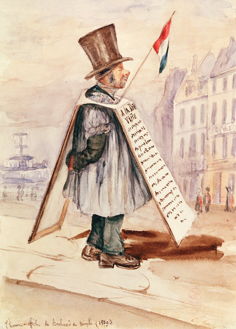 The Sandwich Board Man, Boulevard du Temple, 1839 af French School