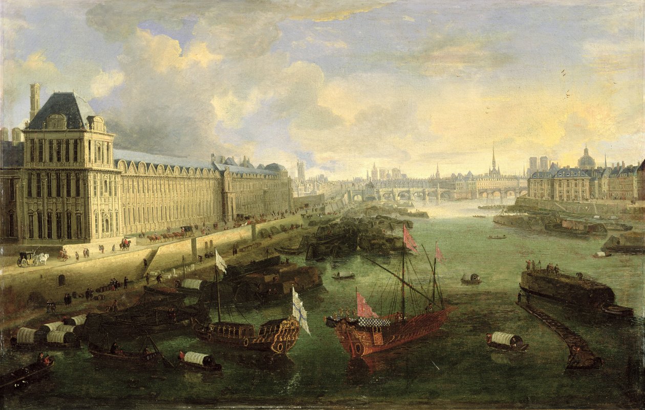 Seinen set med Pont Neuf, Louvre og College Mazarin, ca. 1675 af French School