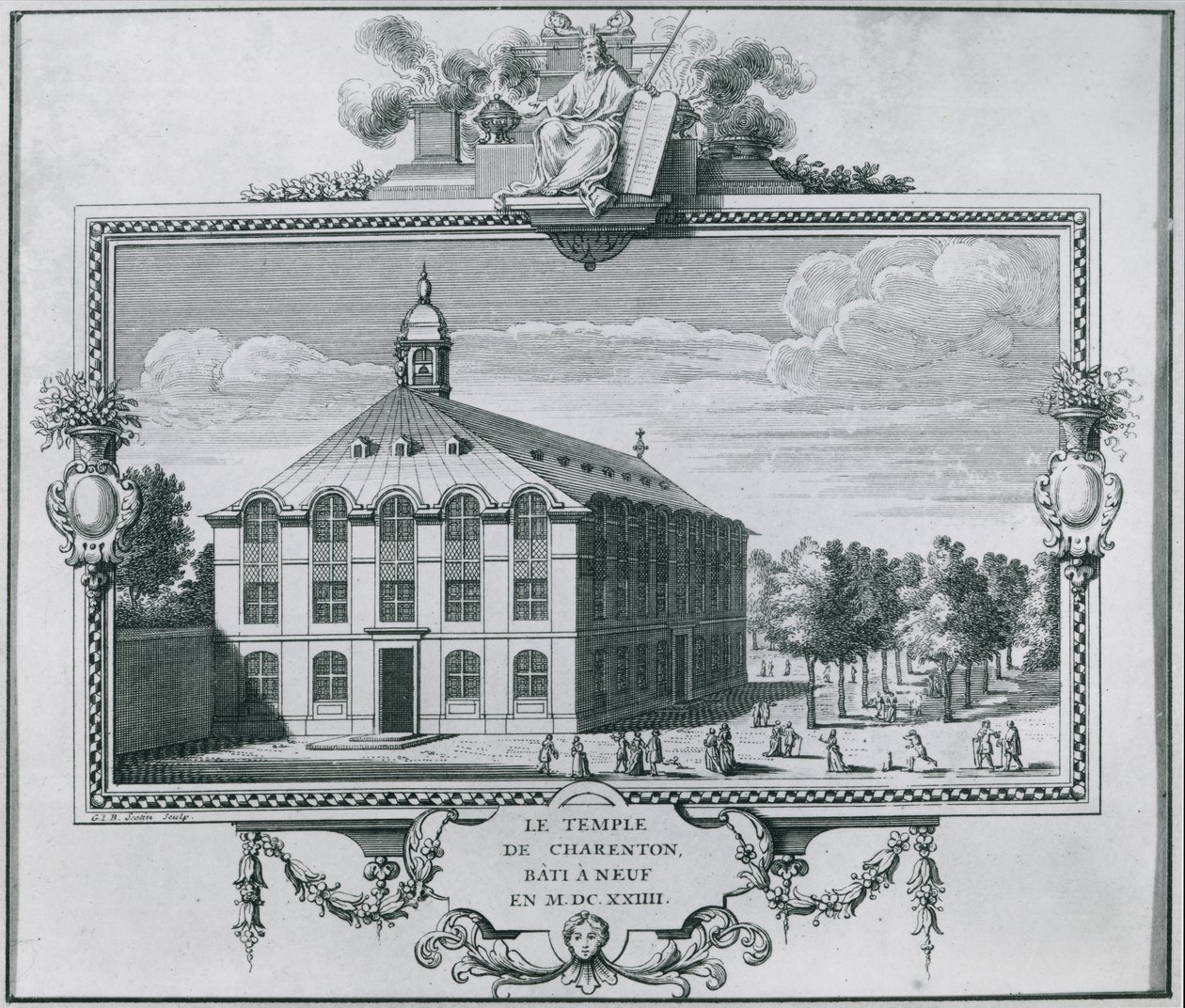 Charenton-templet, genopbygget i 1624, indgraveret af Gerard Jean Baptiste Scotin (1671-1716) af French School