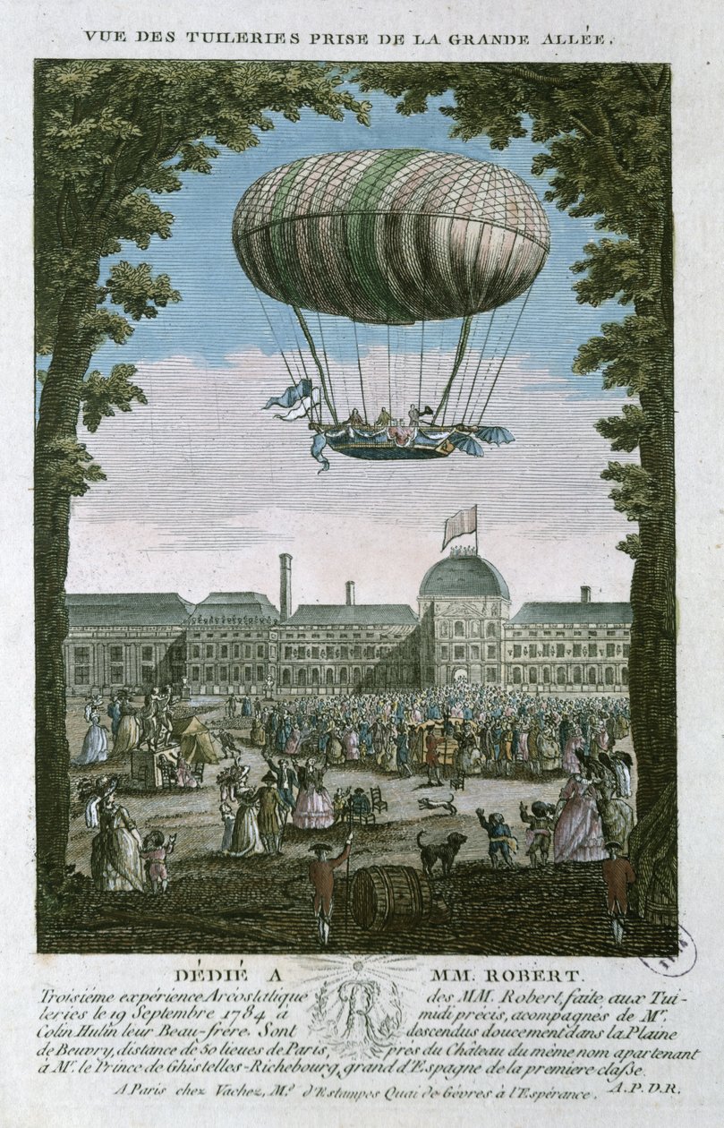 Den tredje flyvning af Nicholas Robert (1761-1828) og hans bror fra Tuilerierne, 19. september, 1784 af French School