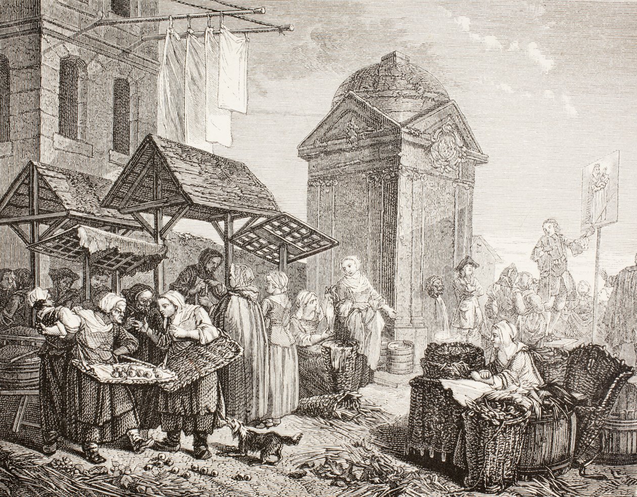 Markedet på Place Maubert, Paris, i det 18. århundrede, efter et værk af Jeaurat, fra 