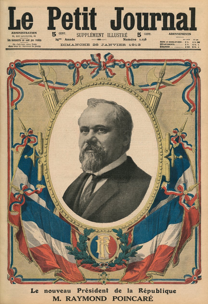 Den nye præsident for den franske republik, Raymond Poincare, illustration på forsiden af "Le Petit Journal", supplement illustre, 26. januar 1913 af French School