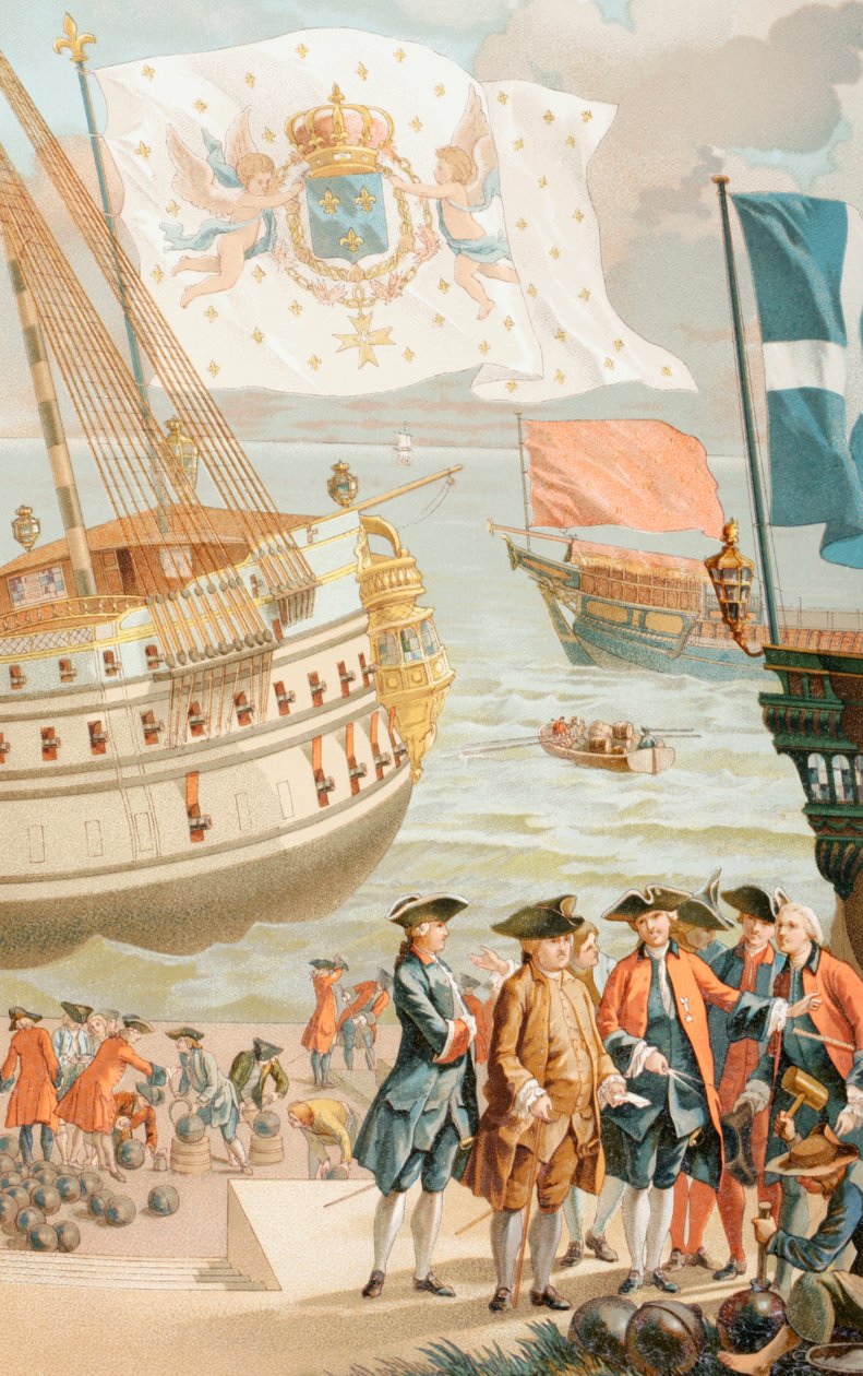 Frankrigs kongelige flag, der flyver over et fransk flådeskib fra det 18. århundrede, fra 