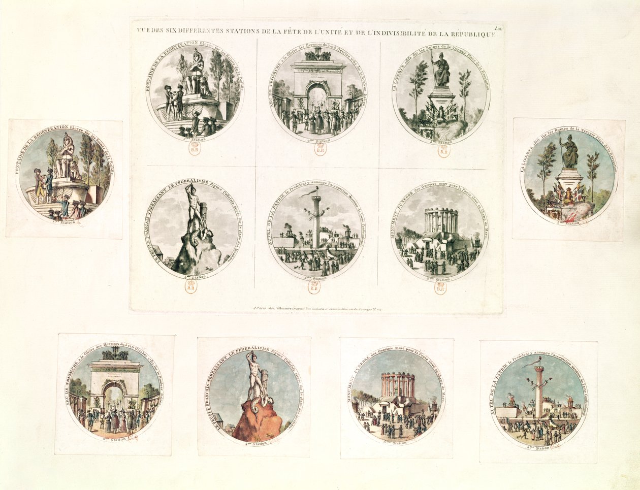 De seks stationer under festivalen for enhed og udelelighed af republikken, 10. august, 1793 af French School