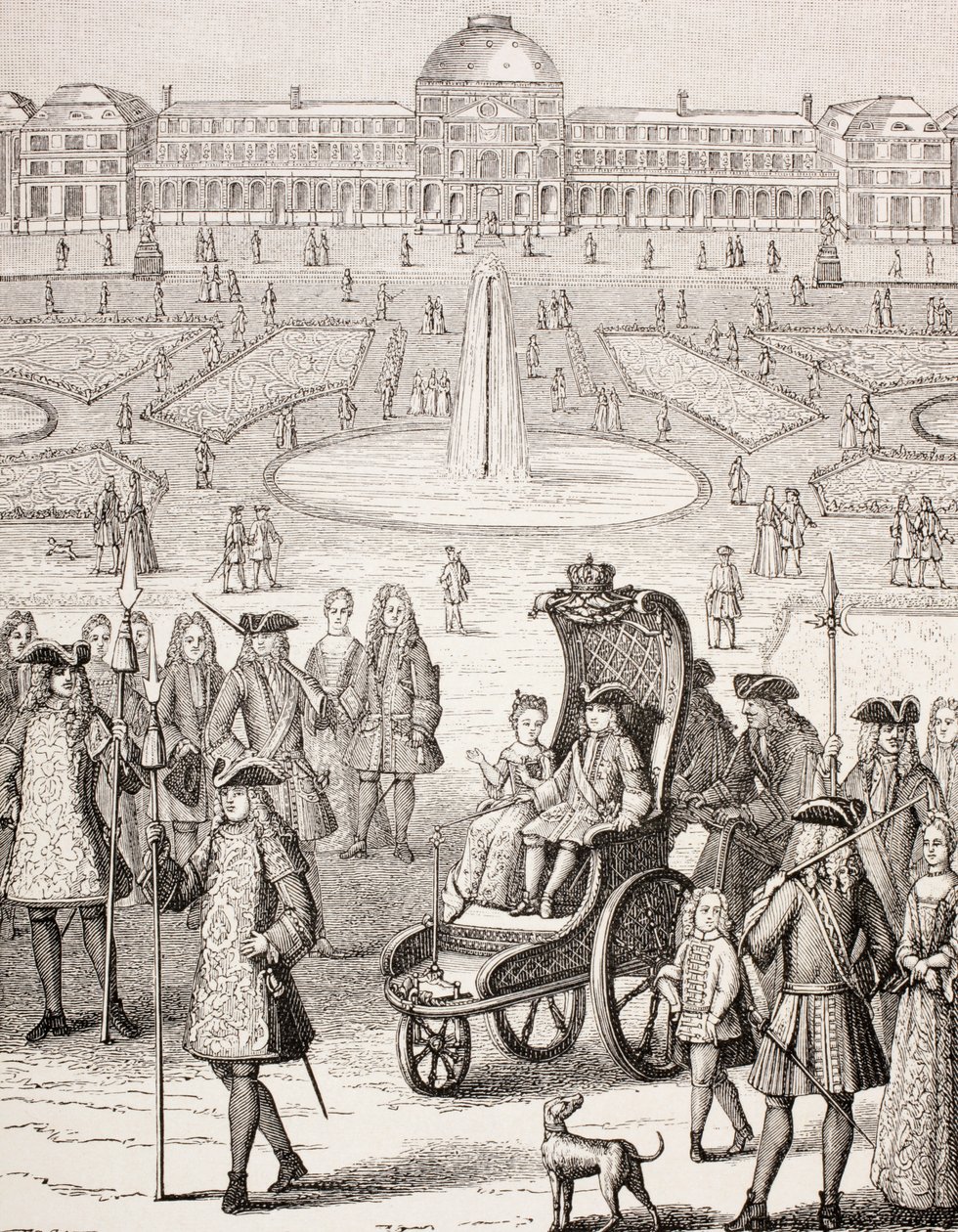 Den unge kong Louis XV, der går i en vogn i Tuilerietræerne, Paris, fra "XVIII Siecle Institutions, Usages et Costumes", udgivet i 1875 af French School