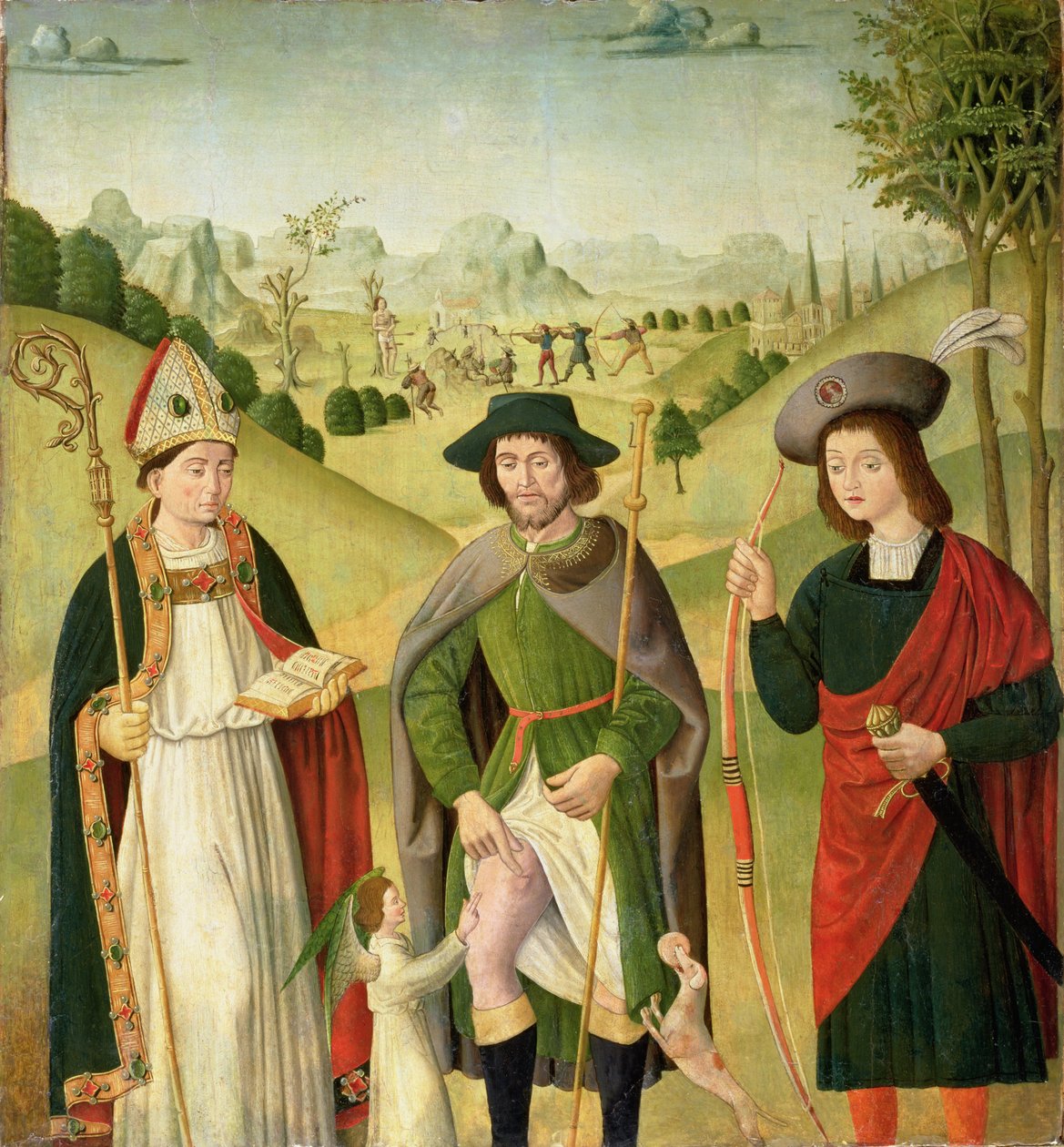 Tre hellige: Biskop Saint, St. Roch og St. Sebastian, ca. 1460-80 af French School